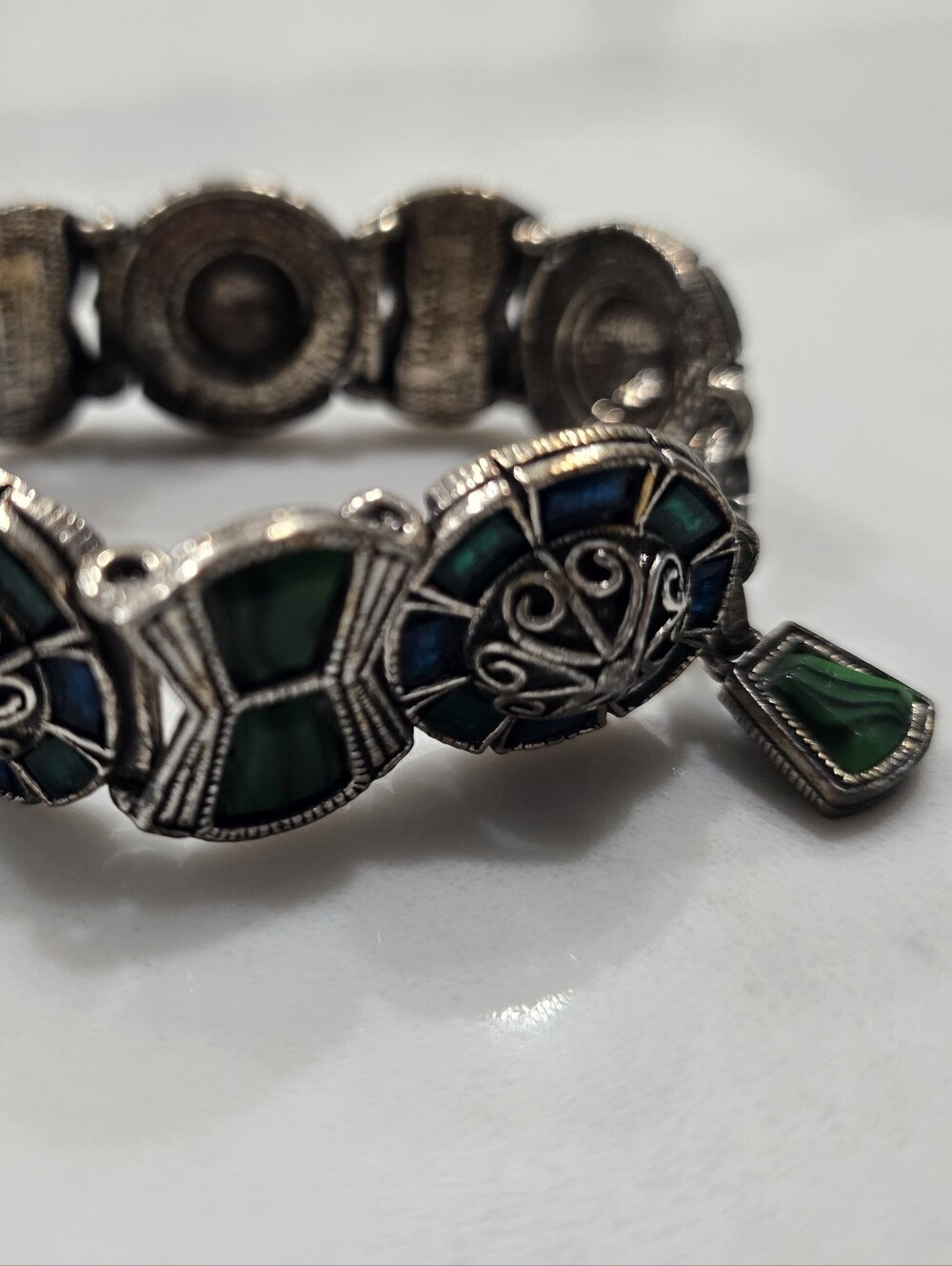 Vintage Signed MIRACLE Celtic Faux Malachite Link Bracelet